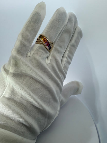 14K Yellow Gold Natural Multi Colored Sapphires Crossover Fashion Ring