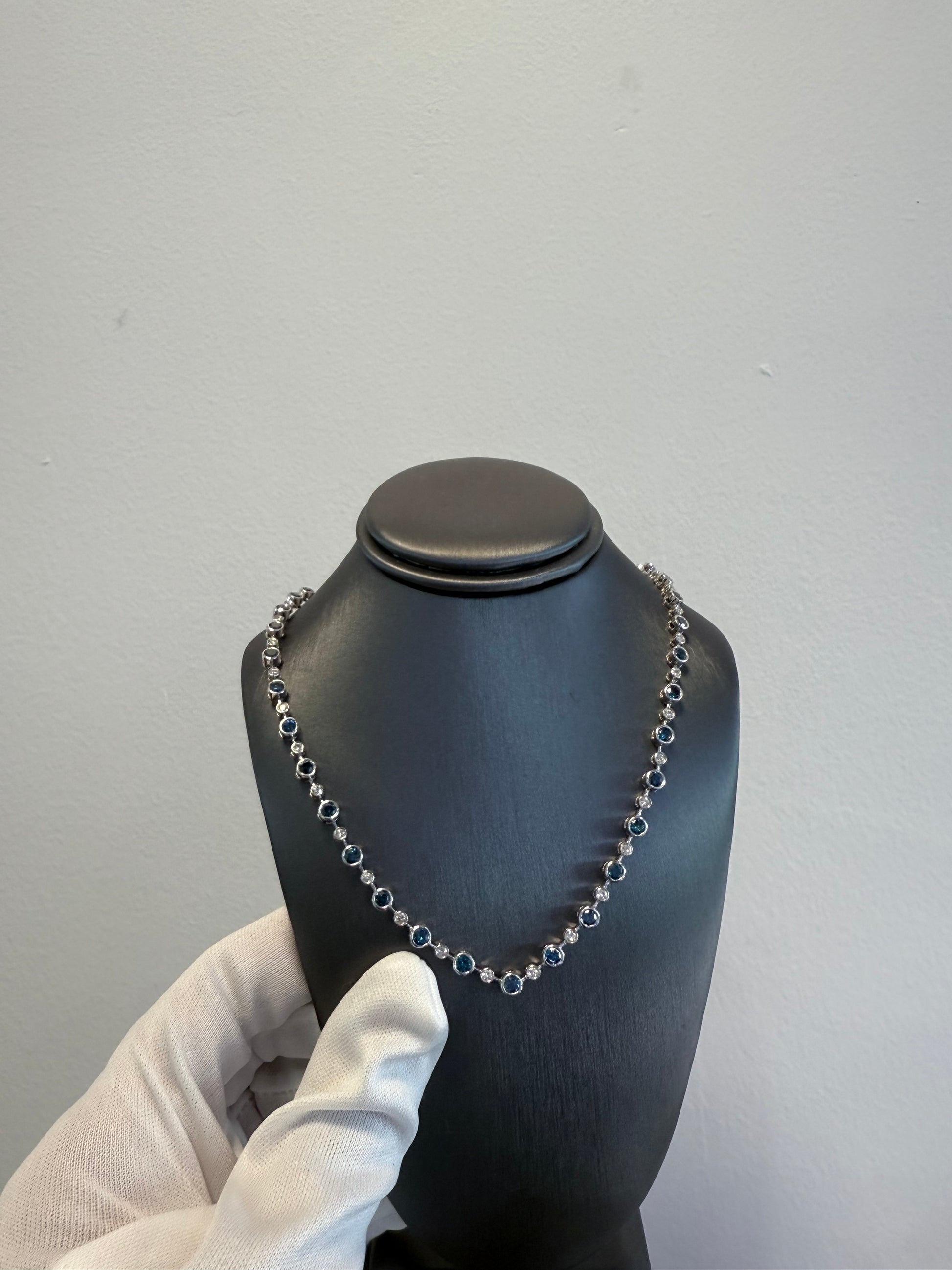 14K White Gold Natural 6.98 Carats Blue Irradiated & White Diamond Necklace