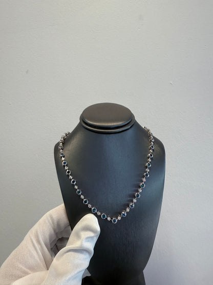14K White Gold Natural 6.98 Carats Blue Irradiated & White Diamond Necklace