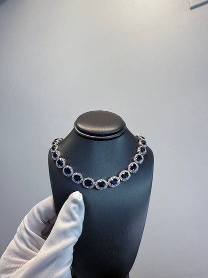 14K White Gold Natural Sapphire & Diamond Station Fashion Necklace