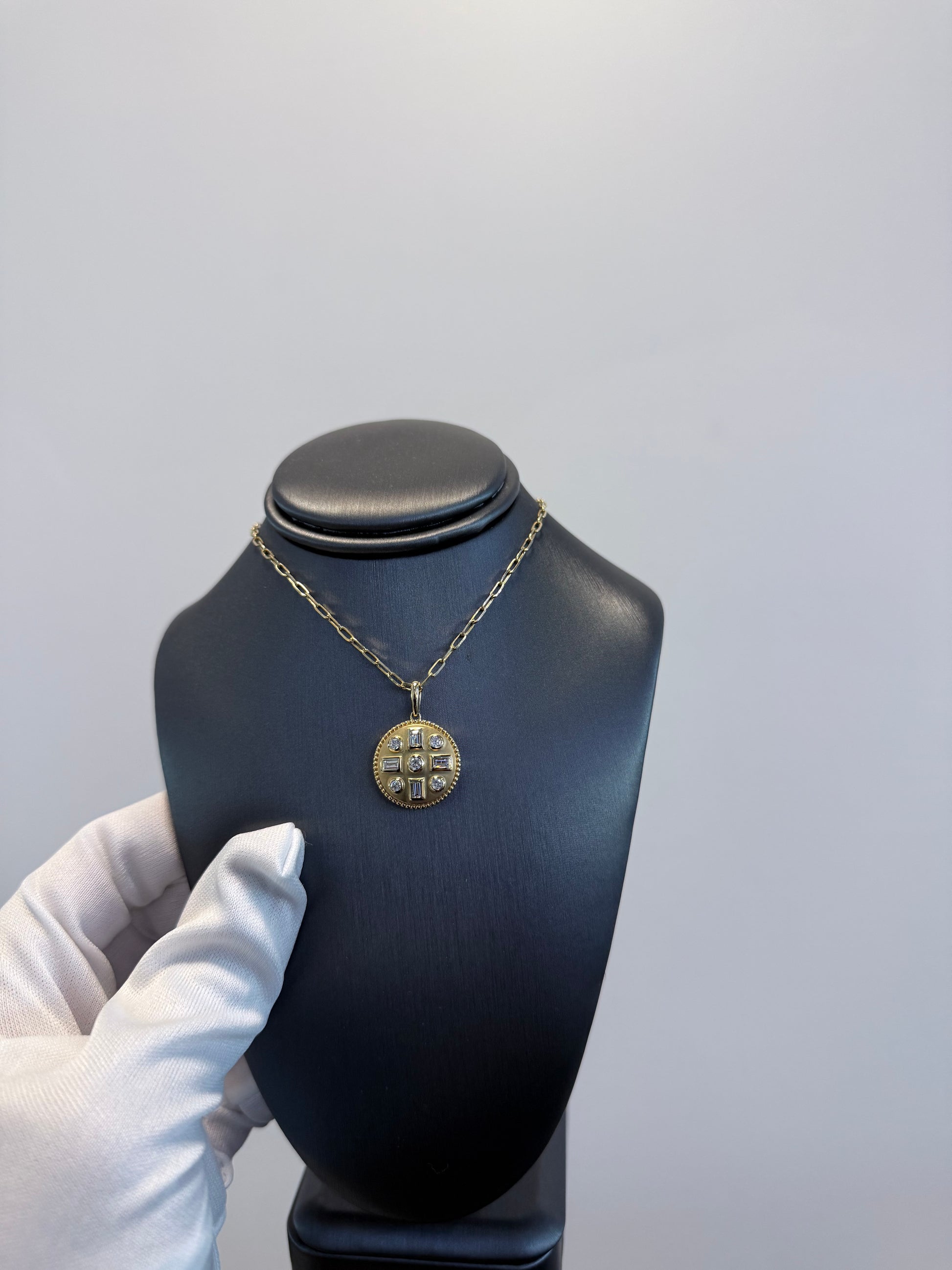 14K Yellow Gold Natural Round& Baguette Satin Finished Disk Pendant Necklace