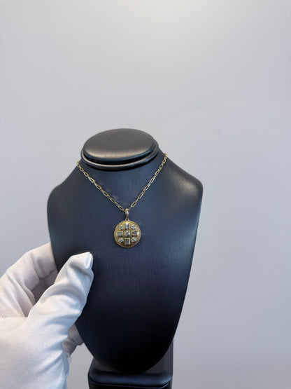 14K Yellow Gold Natural Round& Baguette Satin Finished Disk Pendant Necklace