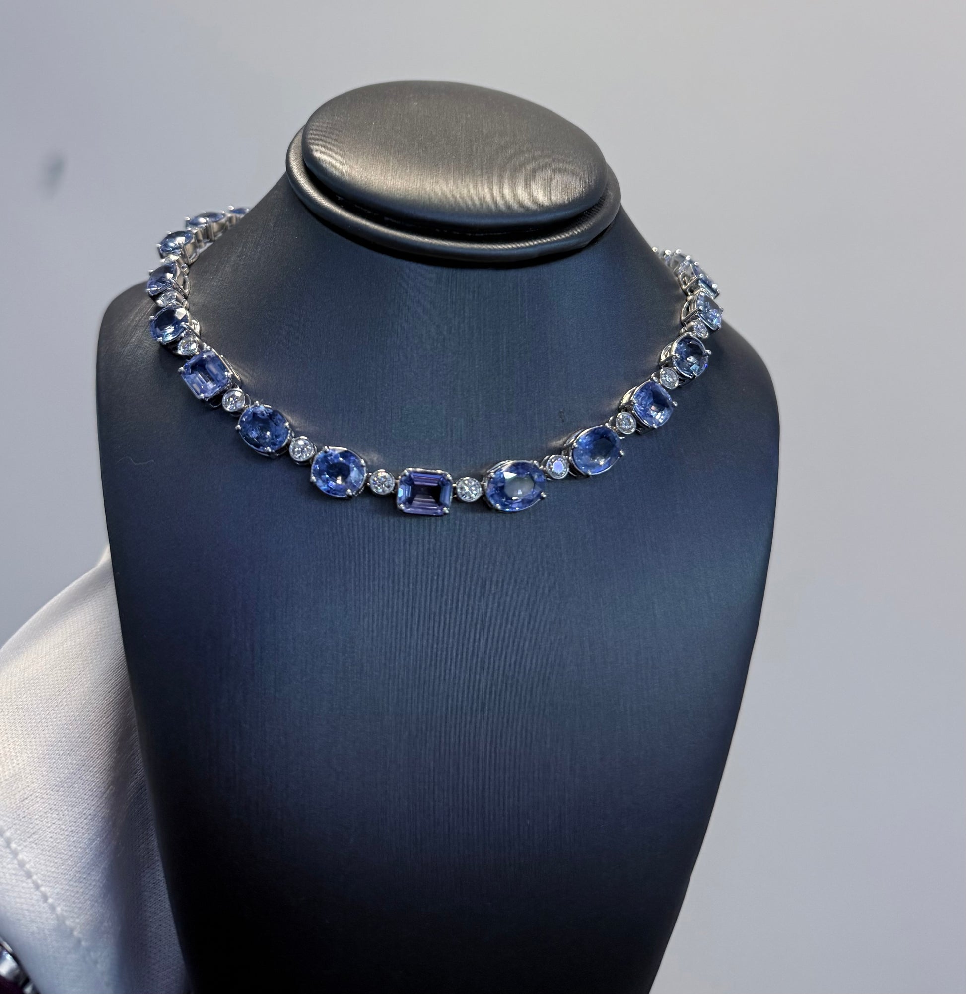 14K White Gold Natural Sapphire & Diamond Multi-Shape Station Necklace