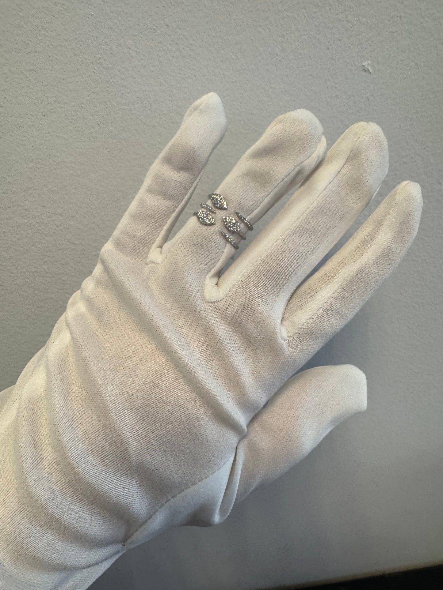 14K White Gold Natural Diamond & Marquise Shaped 3-Row Open Bypass Cluster Ring