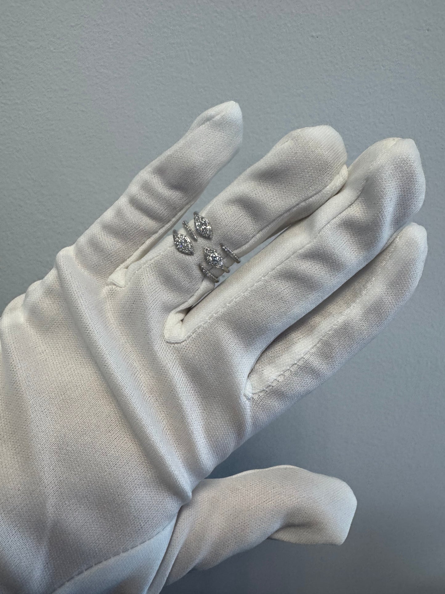 14K White Gold Natural Diamond & Marquise Shaped 3-Row Open Bypass Cluster Ring