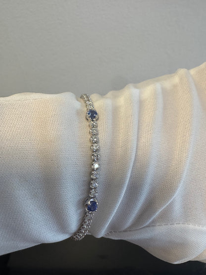 14K White Gold Natural Round Brilliant Cut Diamond & Round Sapphire Tennis Bracelet