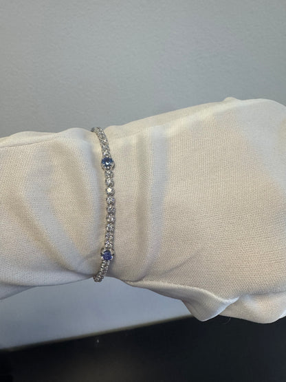 14K White Gold Natural Round Brilliant Cut Diamond & Round Sapphire Tennis Bracelet