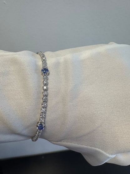 14K White Gold Natural Round Brilliant Cut Diamond & Round Sapphire Tennis Bracelet