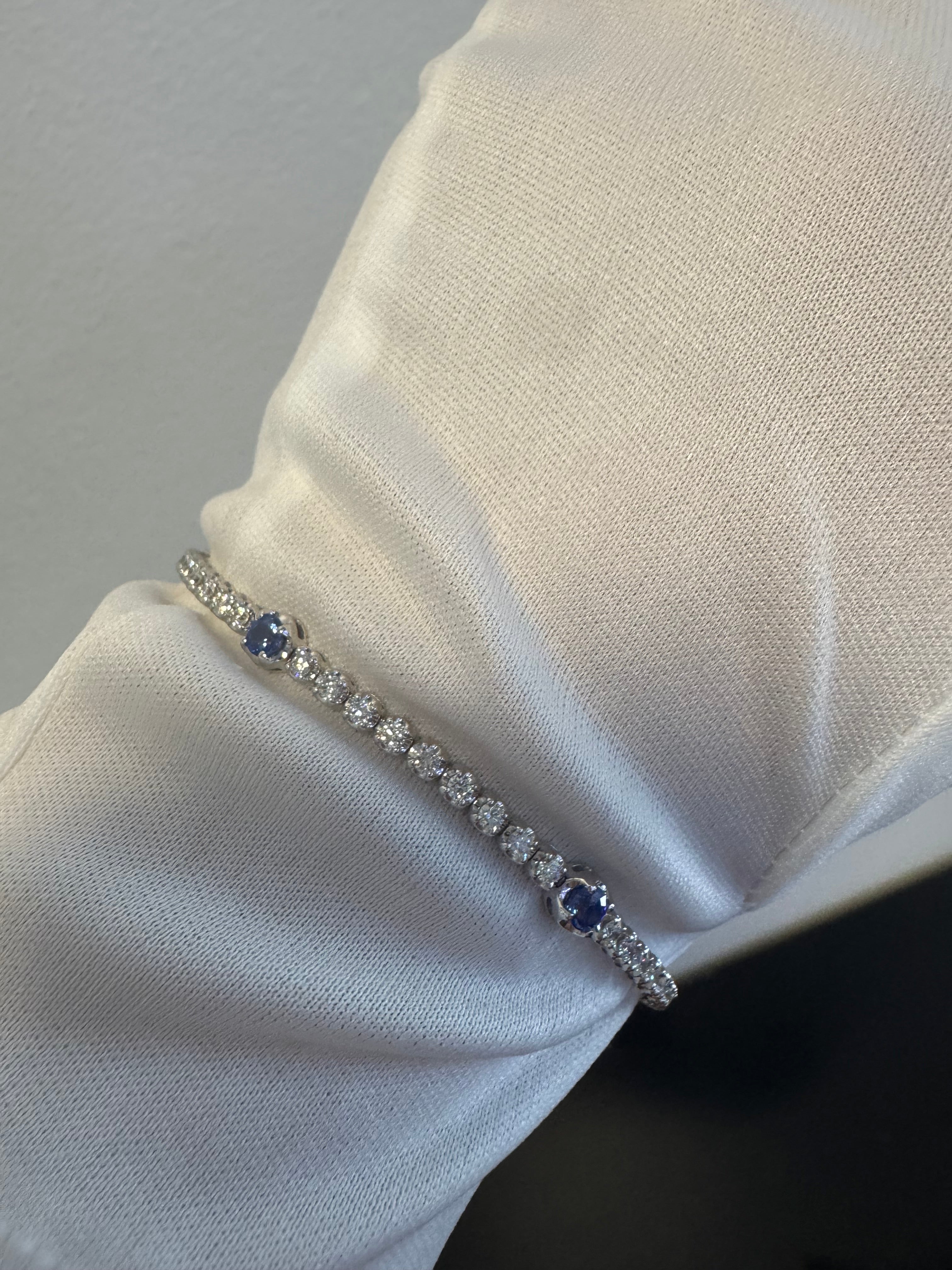 14K White Gold Natural Round Brilliant Cut Diamond & Round Sapphire Tennis Bracelet
