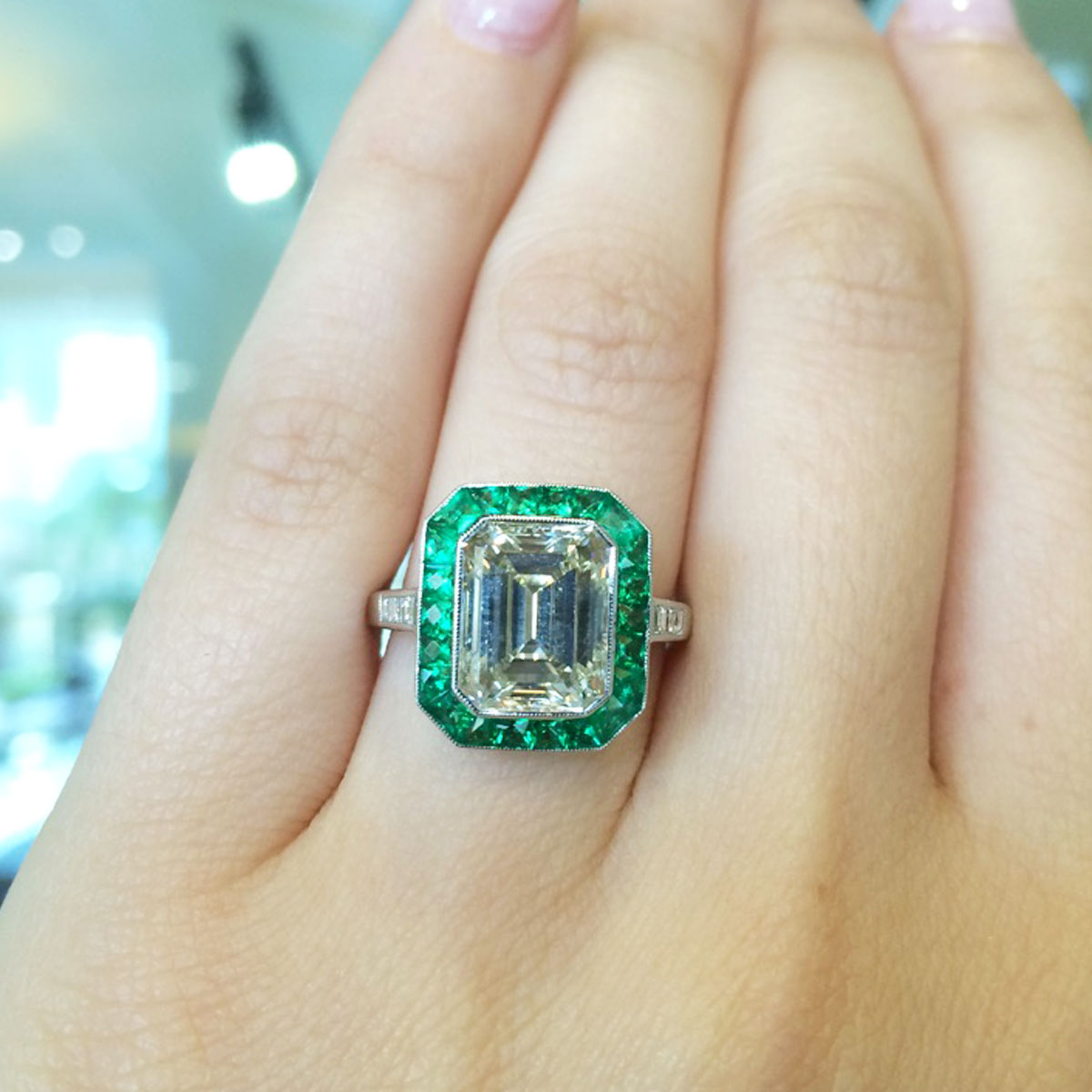 Platinum 3.15ct Diamond Emerald Halo Engagement Ring
