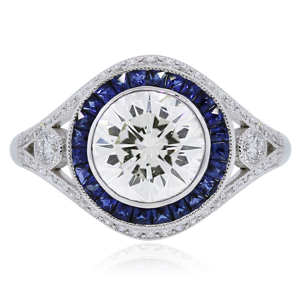 Plat. 2.50ct Round Brilliant Diamond Sapphire Halo Engagement Ring