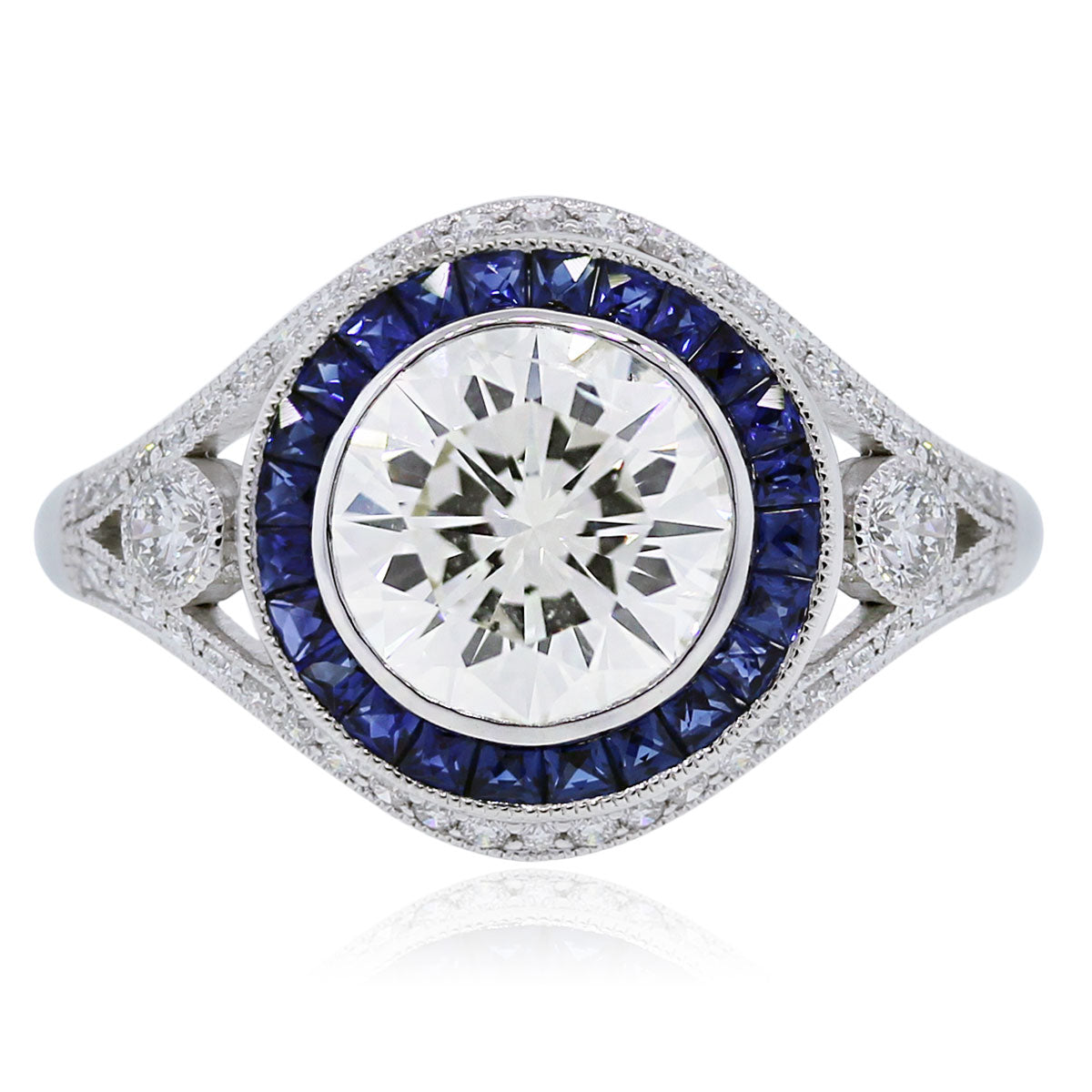 Plat. 2.50ct Round Brilliant Diamond Sapphire Halo Engagement Ring