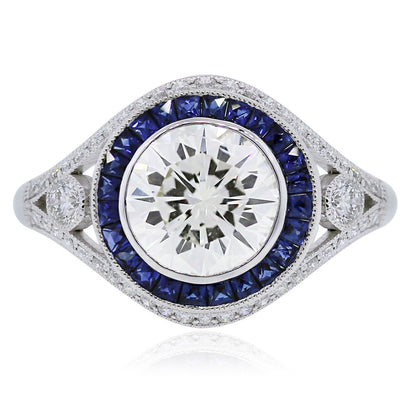 Plat. 2.50ct Round Brilliant Diamond Sapphire Halo Engagement Ring