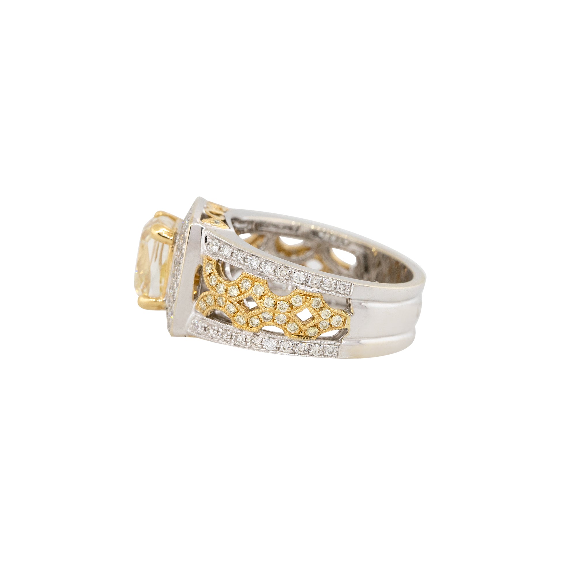 18k Two Tone Natural 3.02ctw Fancy Yellow Cushion Cut Diamond Engagement Ring