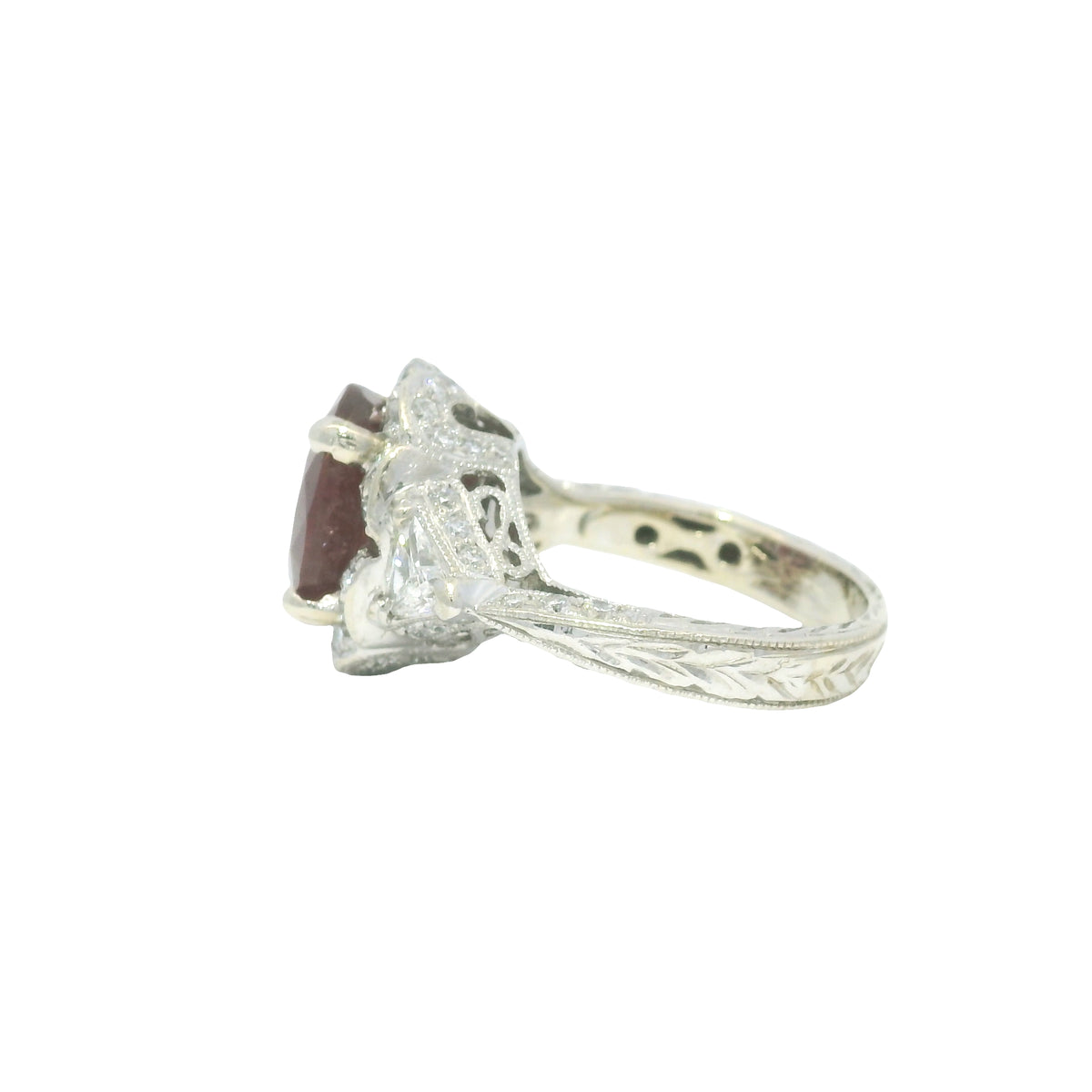 14k White Gold Ruby Oval Shape Diamond Halo Ring