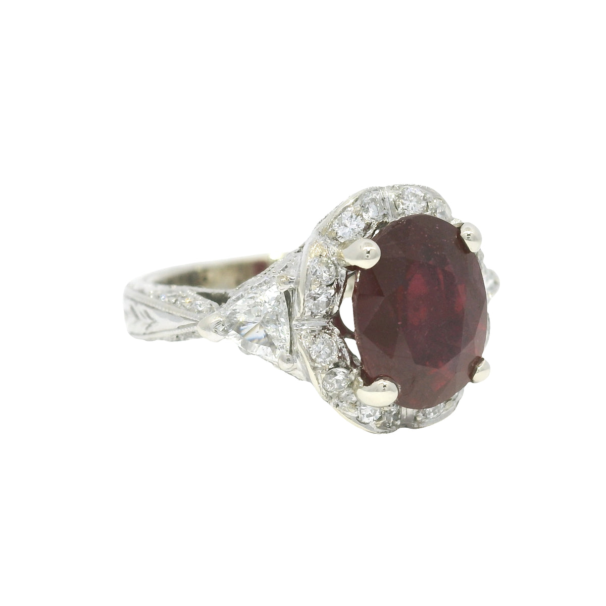 14k White Gold Ruby Oval Shape Diamond Halo Ring