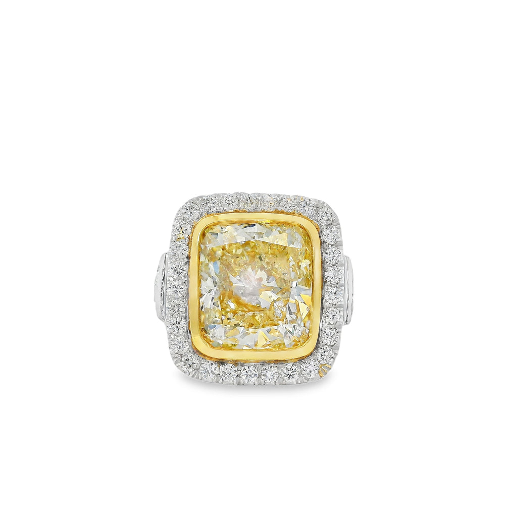18k Two-Tone Natural 10.67 Carat Fancy Yellow Cushion Cut Diamond Engagement Ring