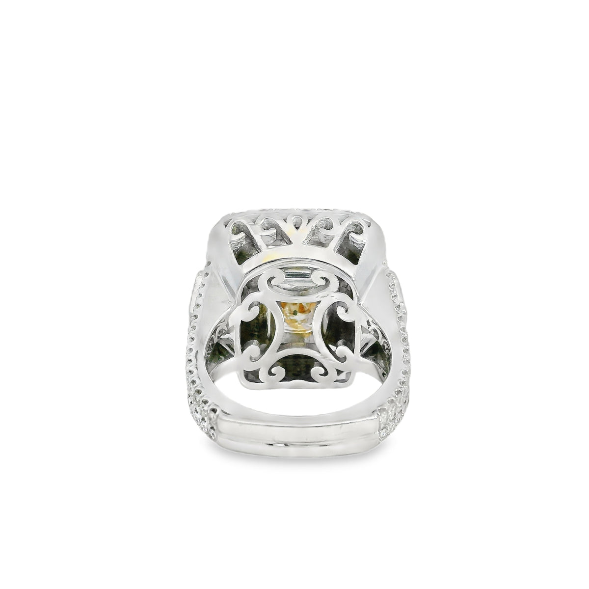 18k Two-Tone Natural 10.67 Carat Fancy Yellow Cushion Cut Diamond Engagement Ring