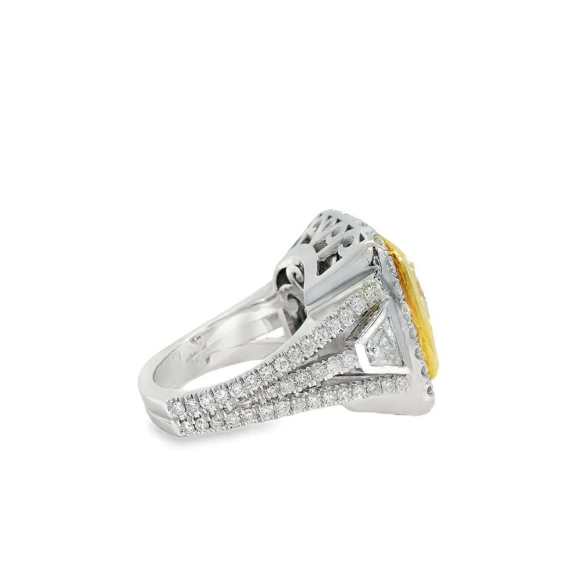 18k Two-Tone Natural 10.67 Carat Fancy Yellow Cushion Cut Diamond Engagement Ring