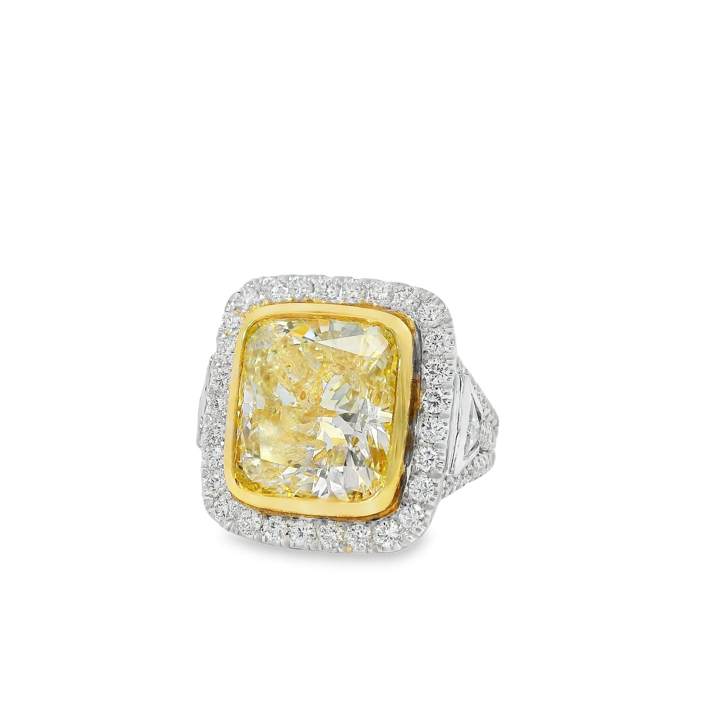 18k Two-Tone Natural 10.67 Carat Fancy Yellow Cushion Cut Diamond Engagement Ring
