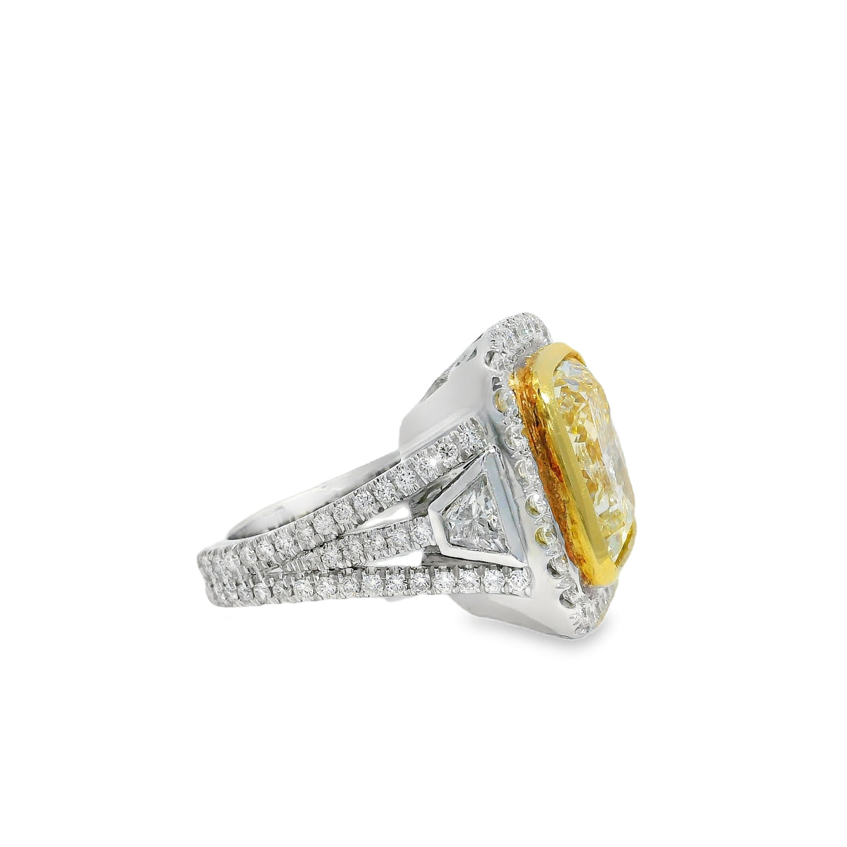18k Two-Tone Natural 10.67 Carat Fancy Yellow Cushion Cut Diamond Engagement Ring