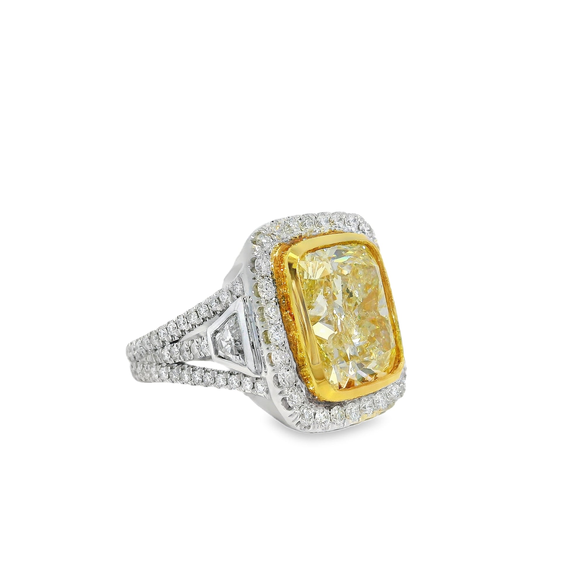 18k Two-Tone Natural 10.67 Carat Fancy Yellow Cushion Cut Diamond Engagement Ring