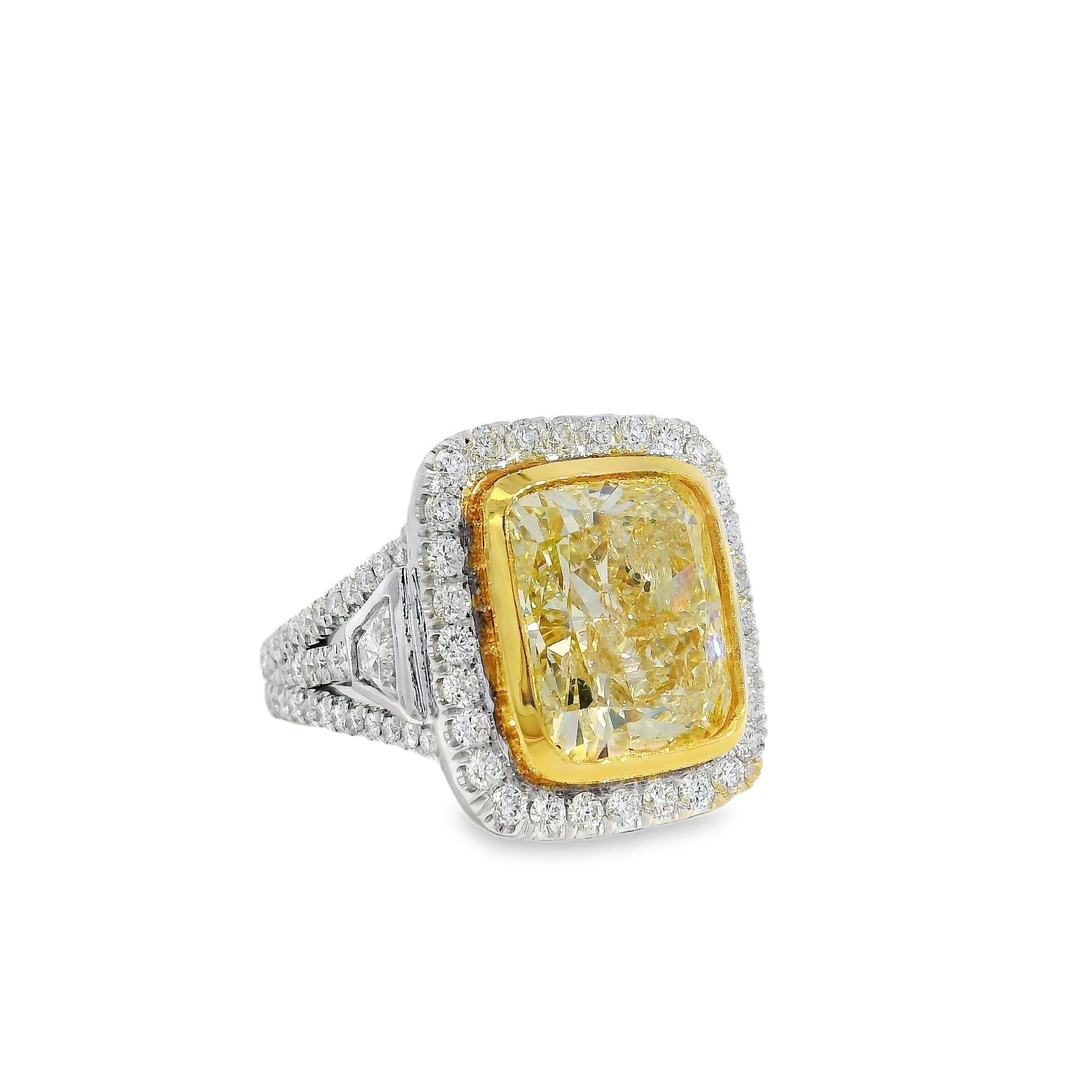 18k Two-Tone Natural 10.67 Carat Fancy Yellow Cushion Cut Diamond Engagement Ring