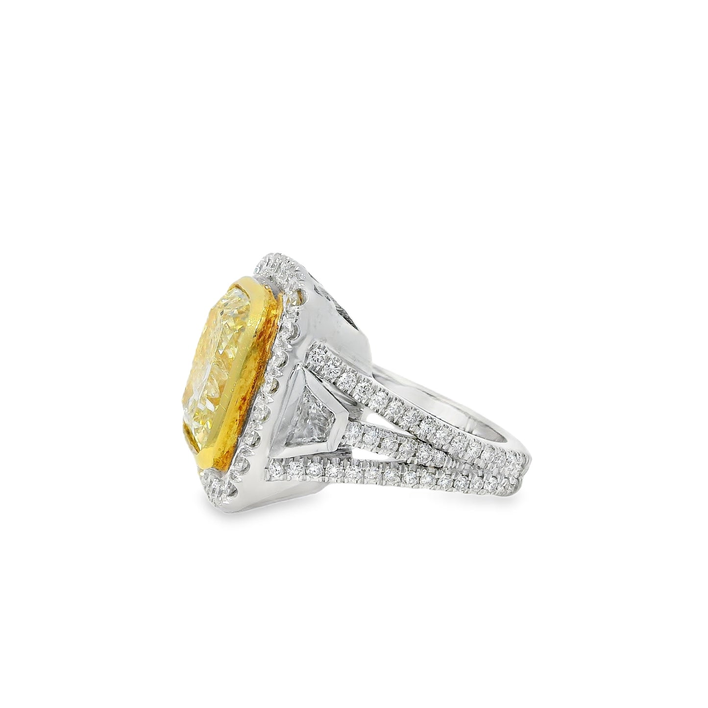 18k Two-Tone Natural 10.67 Carat Fancy Yellow Cushion Cut Diamond Engagement Ring