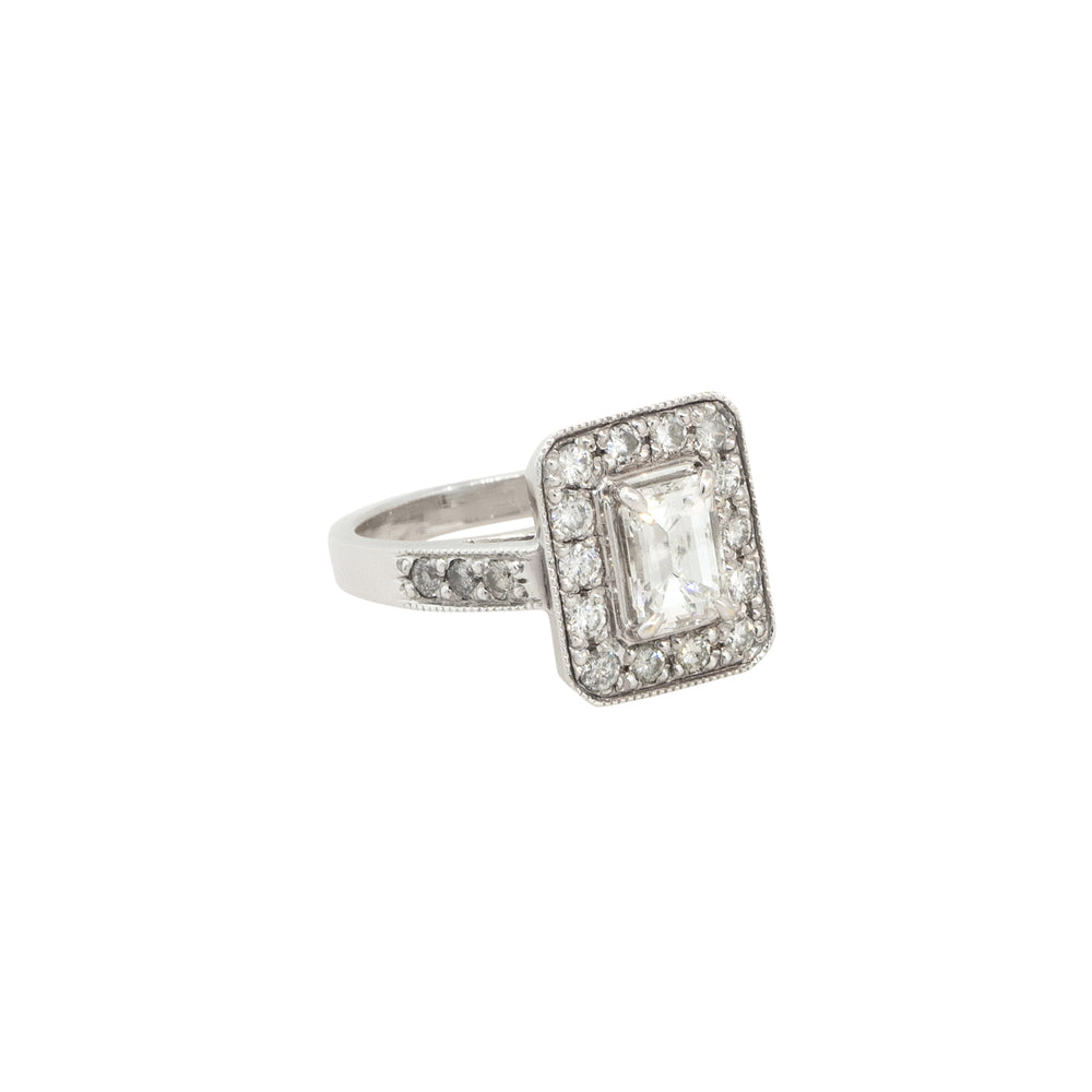 14k White Gold 1.60ctw Emerald Cut Diamond Halo Engagement Ring