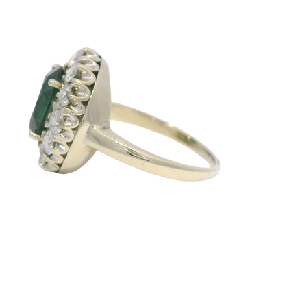 14K White Gold Synthetic Oval Shape Emerald & Natural Diamond Halo Ring