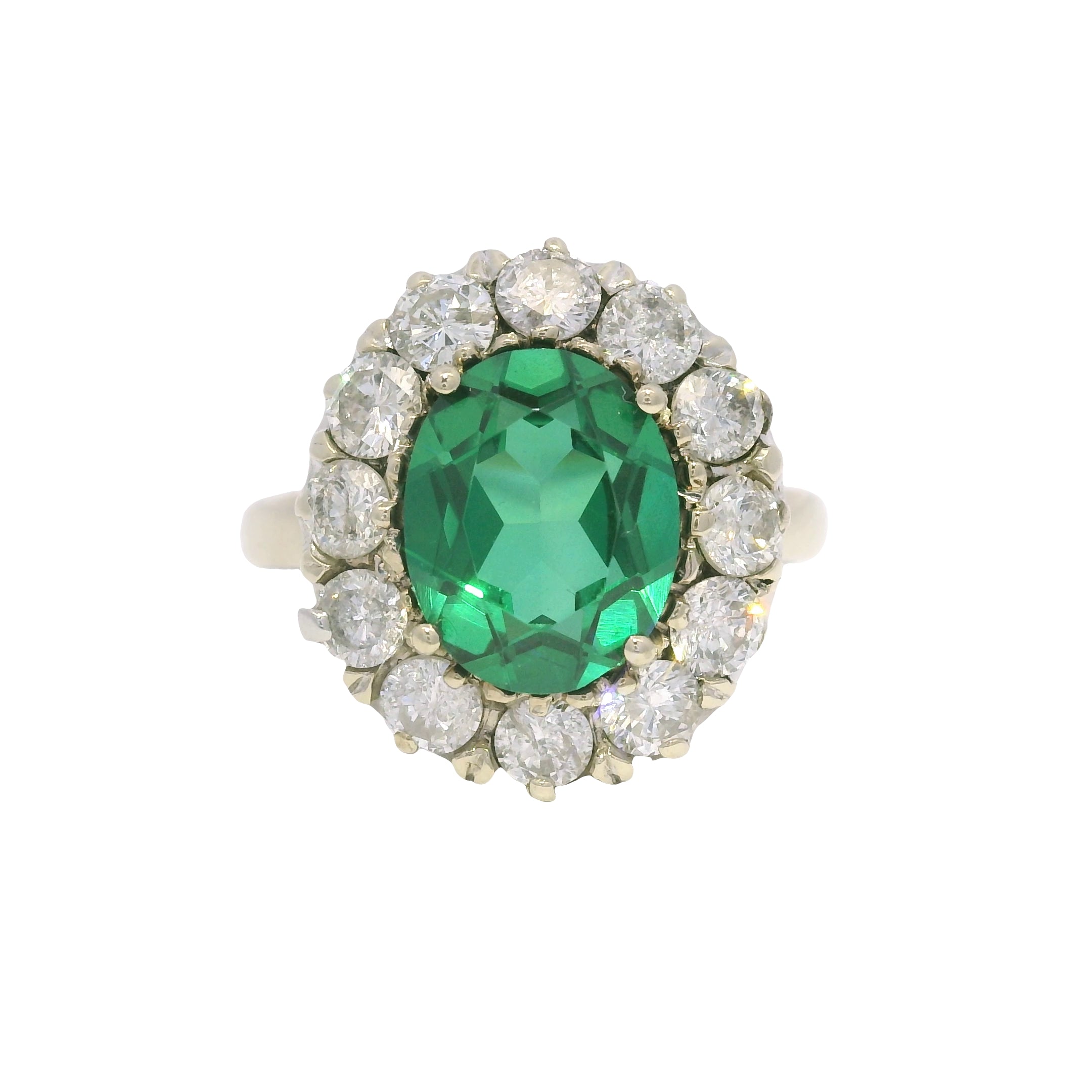 14K White Gold Synthetic Oval Shape Emerald & Natural Diamond Halo Ring
