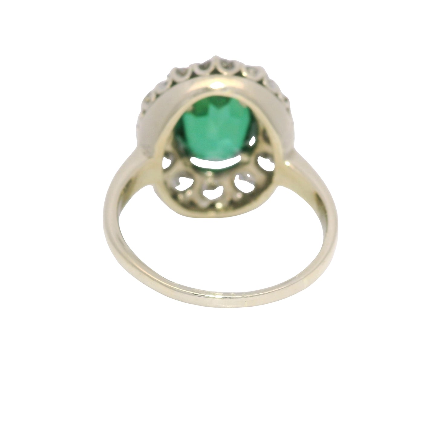 14K White Gold Synthetic Oval Shape Emerald & Natural Diamond Halo Ring
