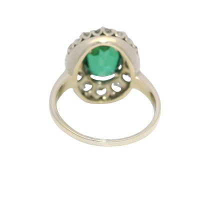 14K White Gold Synthetic Oval Shape Emerald & Natural Diamond Halo Ring