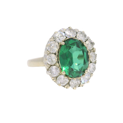 14K White Gold Synthetic Oval Shape Emerald & Natural Diamond Halo Ring