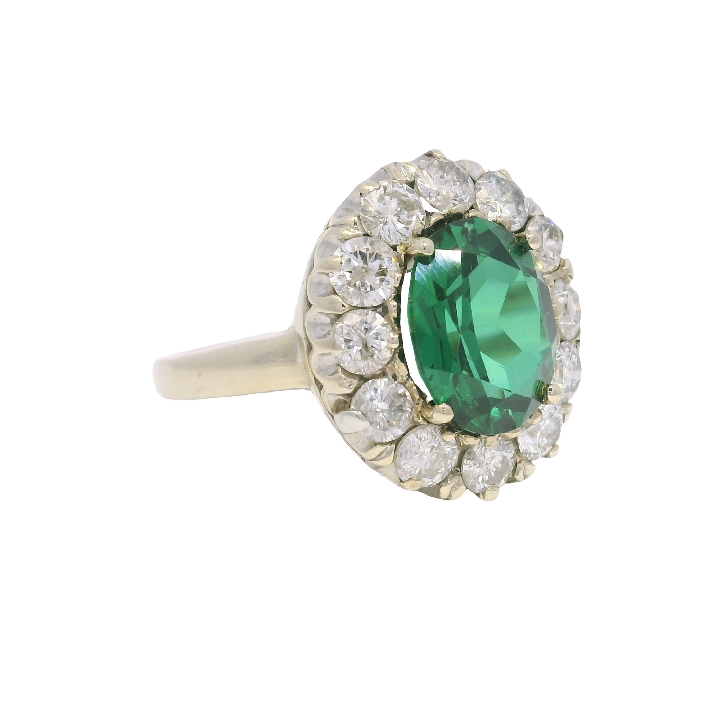 14K White Gold Synthetic Oval Shape Emerald & Natural Diamond Halo Ring