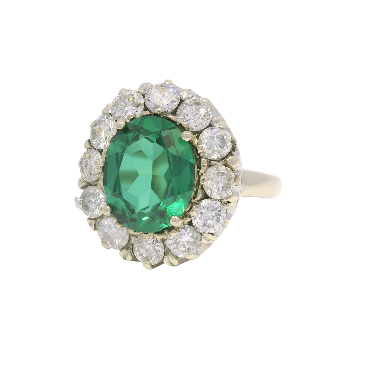 14K White Gold Synthetic Oval Shape Emerald & Natural Diamond Halo Ring — product photo 3