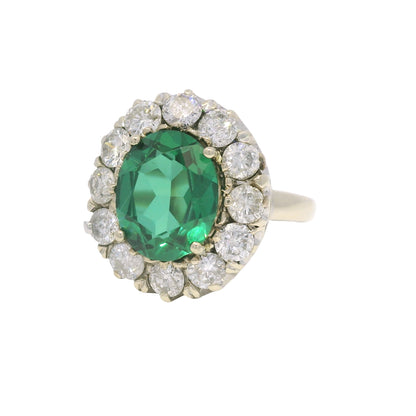 14K White Gold Synthetic Oval Shape Emerald & Natural Diamond Halo Ring