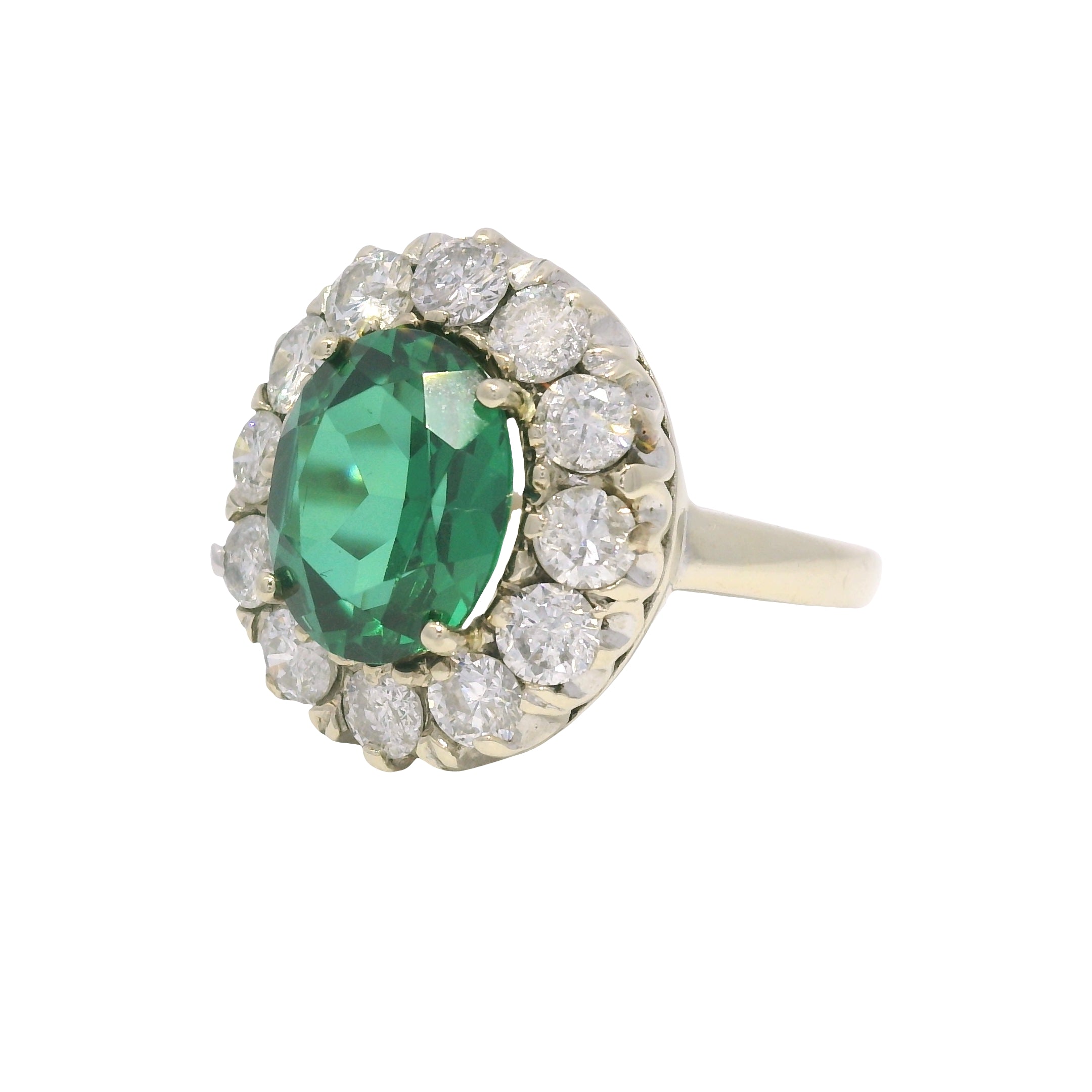 14K White Gold Synthetic Oval Shape Emerald & Natural Diamond Halo Ring