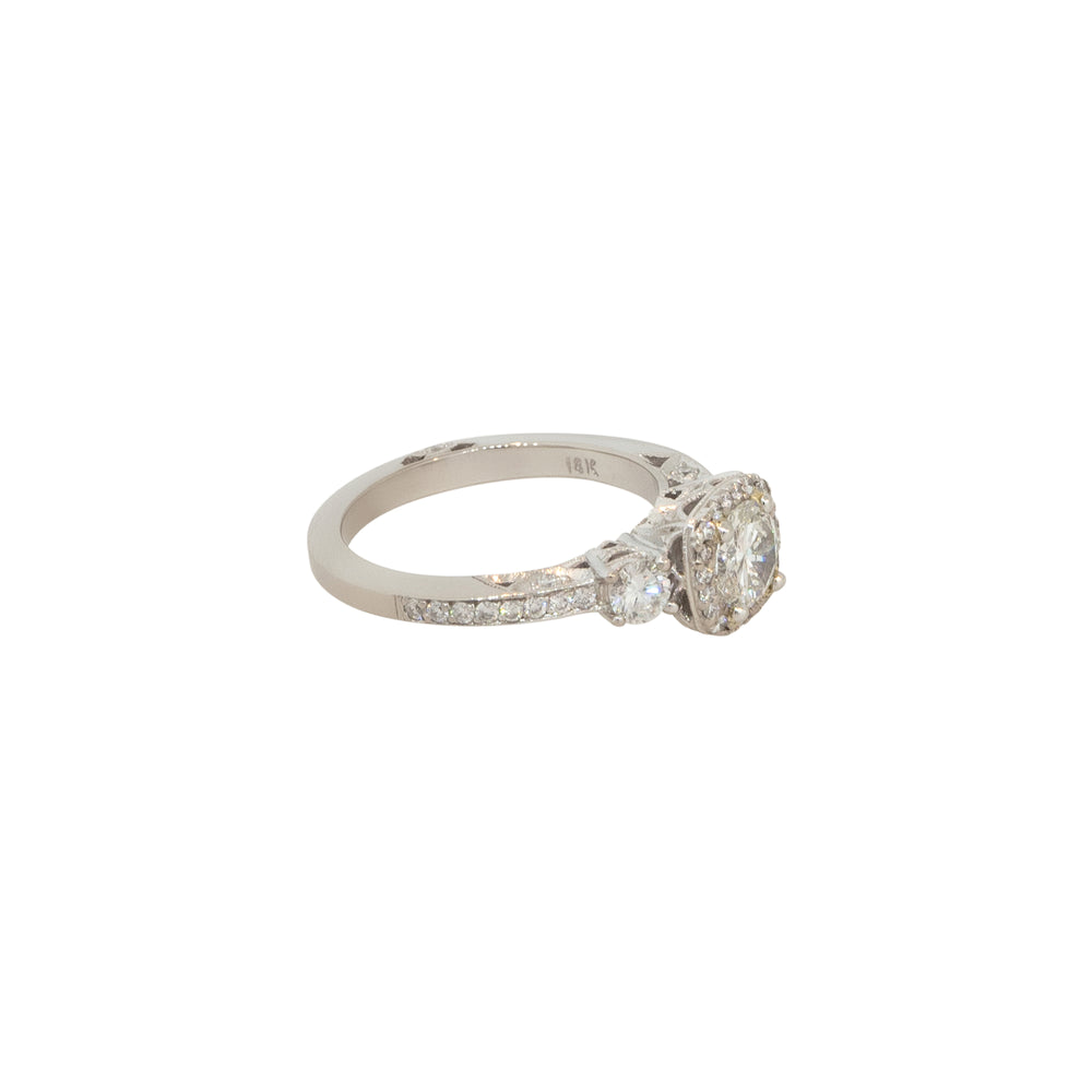 18k White Gold 1.04ctw Round Diamond 3 Stone Halo Engagement Ring