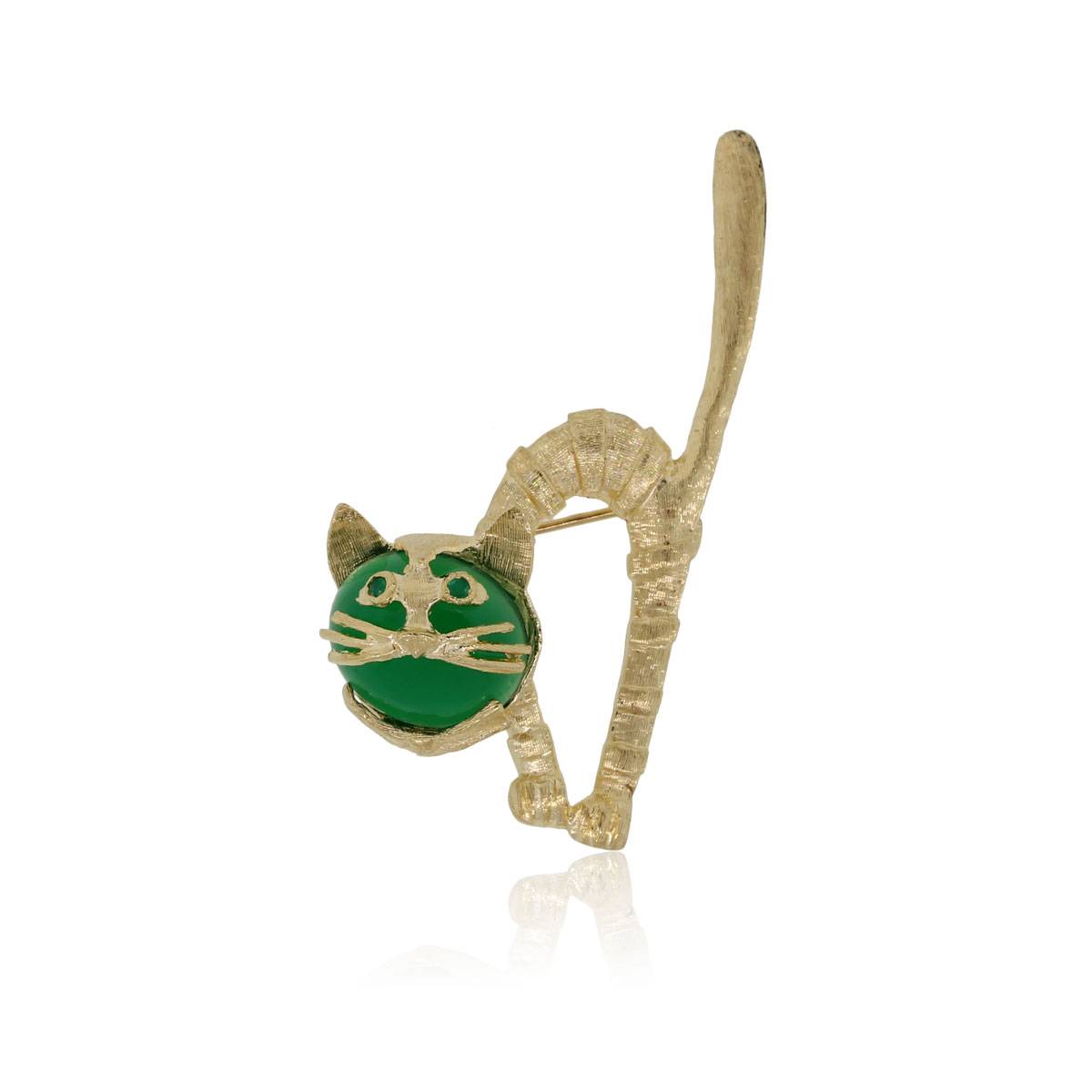 14k Yellow Gold Green Cabochon Cat Pin