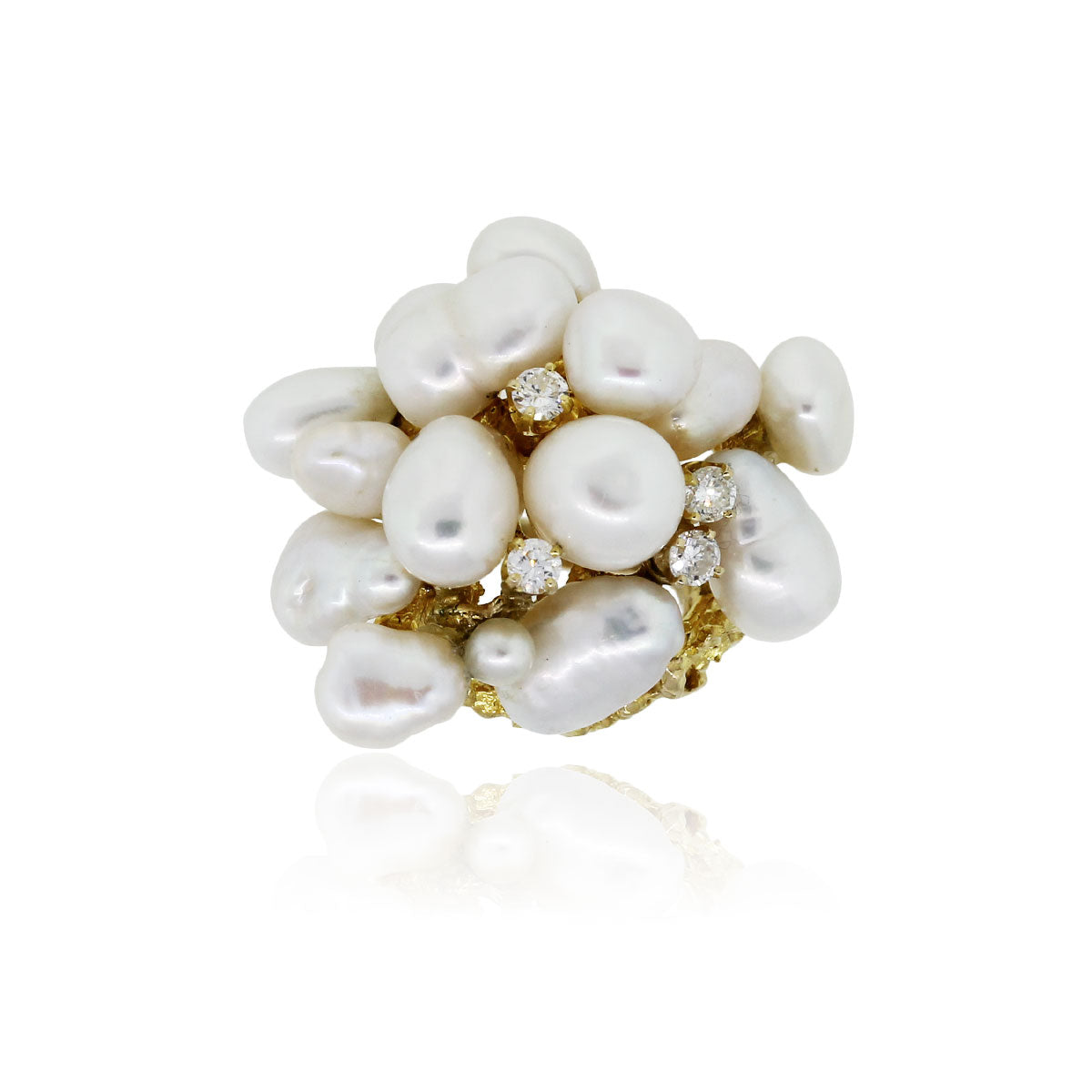 14k Yellow Gold Baroque Pearl and 0.40ctw Diamond Cluster Ring