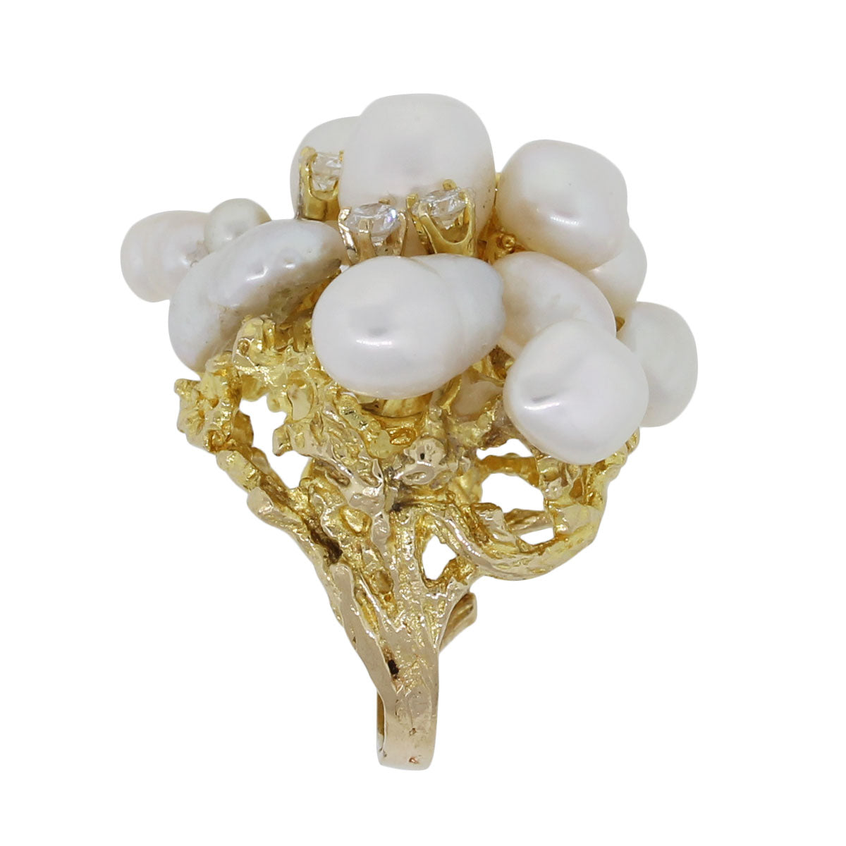 14k Yellow Gold Baroque Pearl and 0.40ctw Diamond Cluster Ring