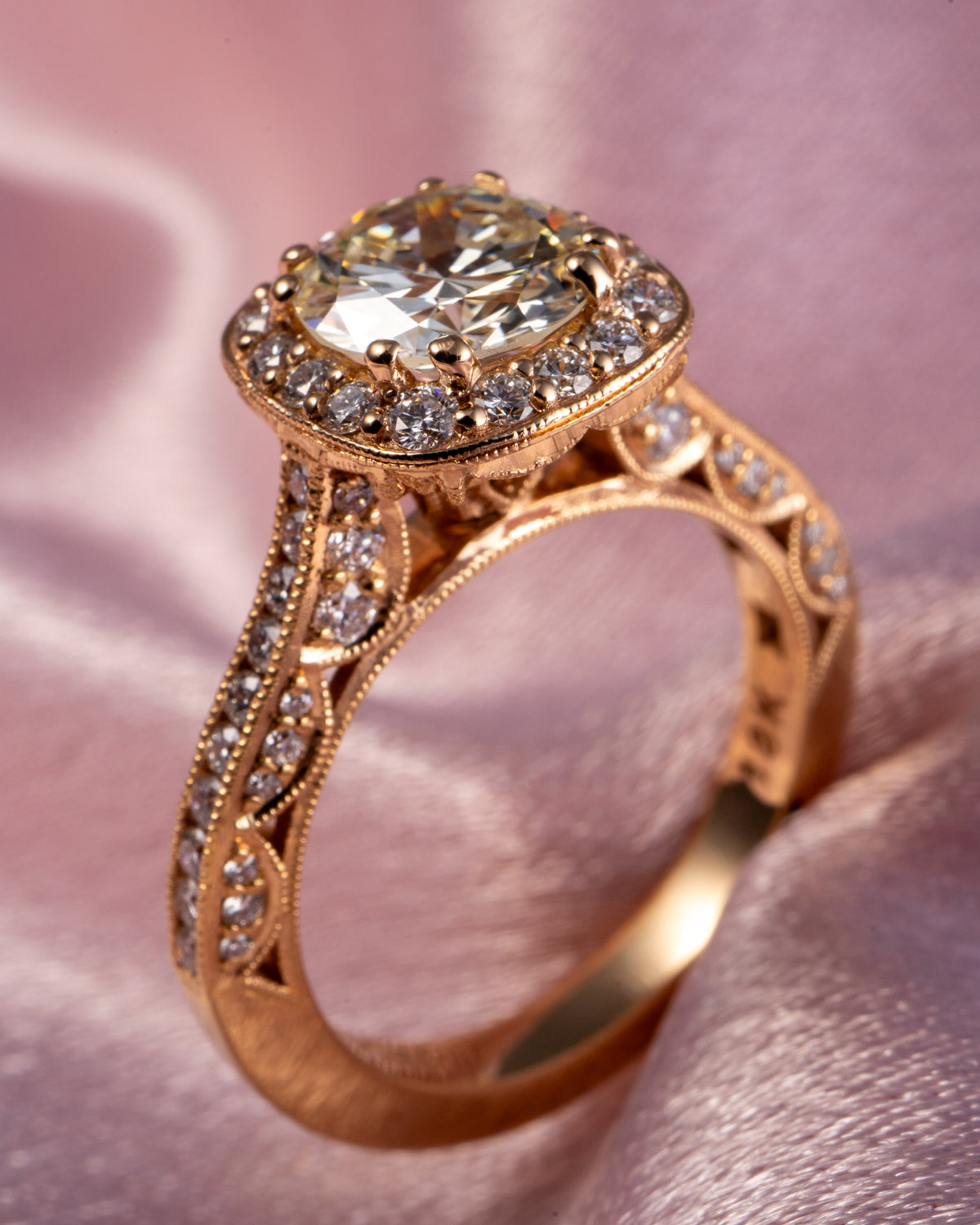 GIA 18k Rose Gold Natural 1.63 Carat Round Brilliant Cut Diamond Halo Engagement Ring