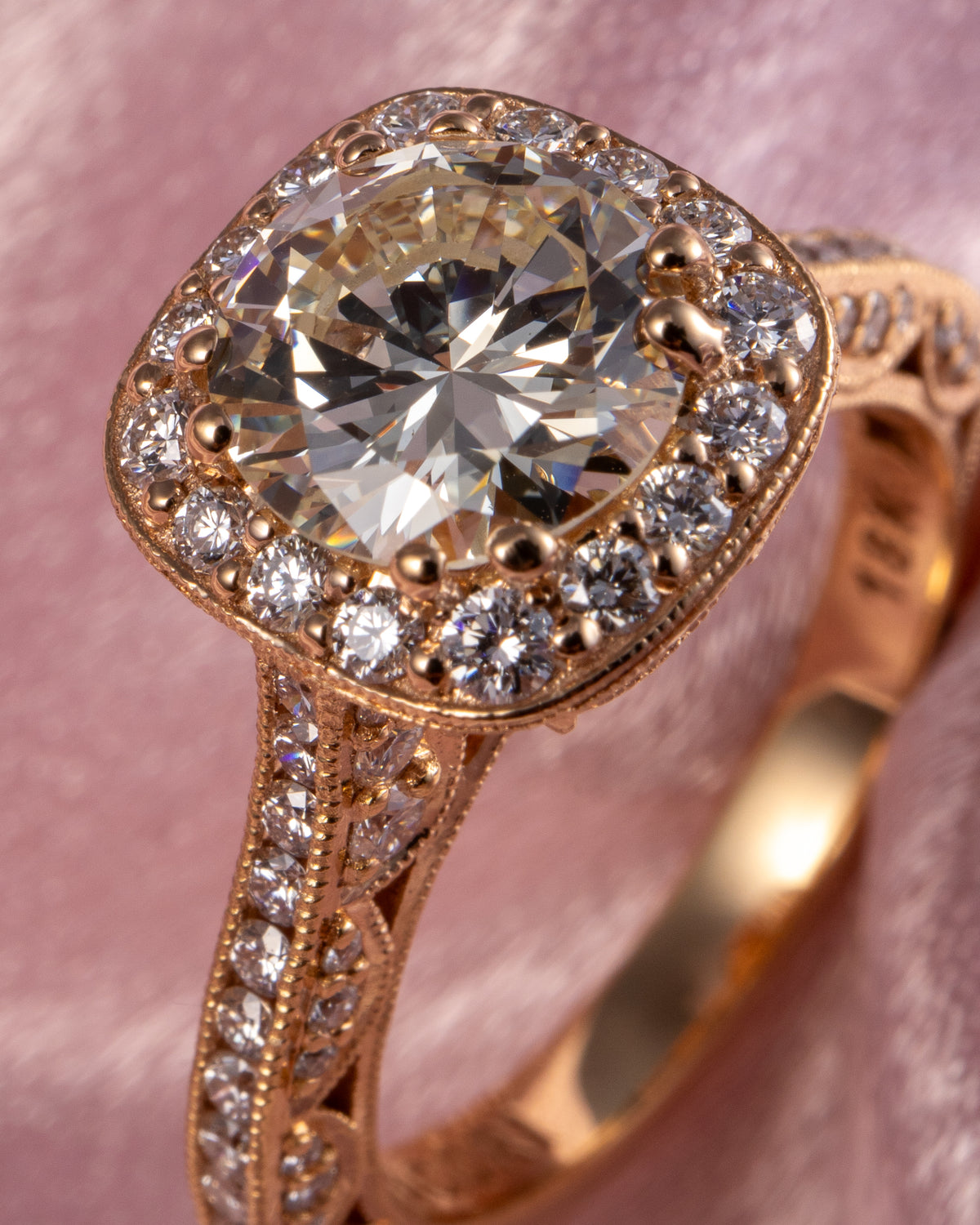 GIA 18k Rose Gold Natural 1.63 Carat Round Brilliant Cut Diamond Halo Engagement Ring — product photo 3