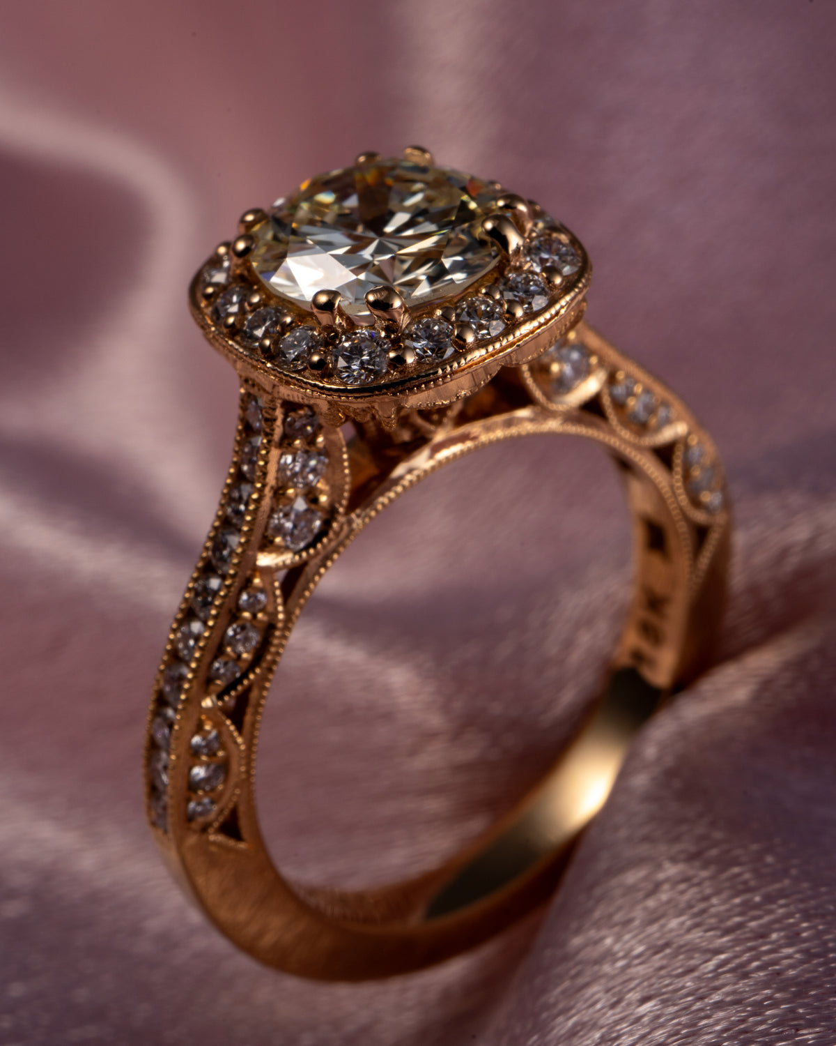 GIA 18k Rose Gold Natural 1.63 Carat Round Brilliant Cut Diamond Halo Engagement Ring