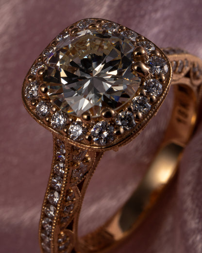 GIA 18k Rose Gold Natural 1.63 Carat Round Brilliant Cut Diamond Halo Engagement Ring