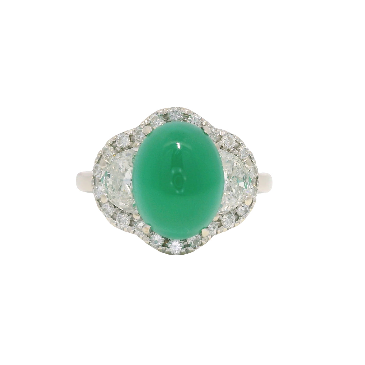 18K White Gold Natural Cabochon Emerald & Half Moon Diamond Side Stone Ring — product photo 1