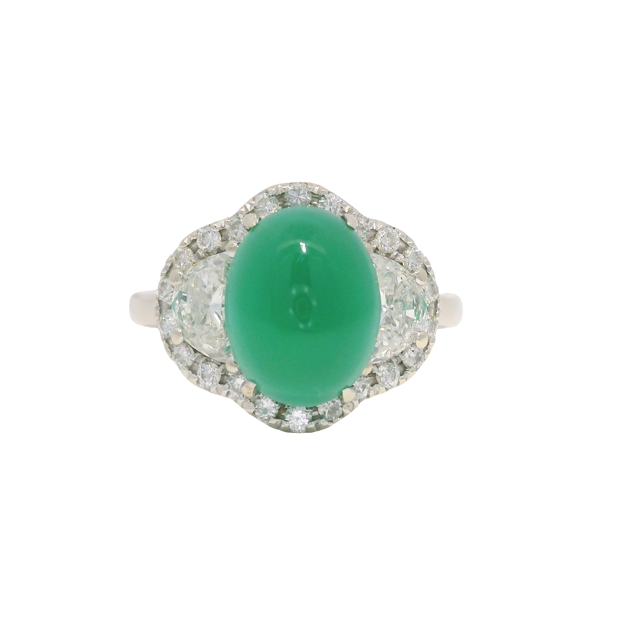 18K White Gold Natural Cabochon Emerald & Half Moon Diamond Side Stone Ring