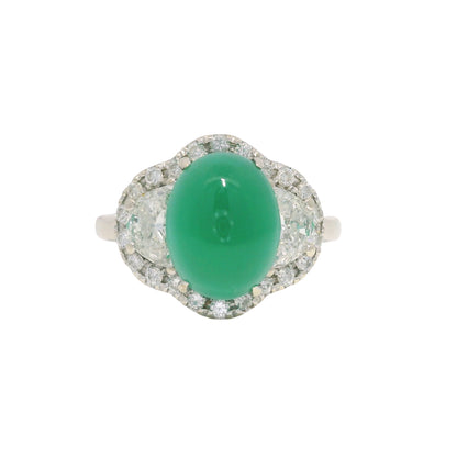 18K White Gold Natural Cabochon Emerald & Half Moon Diamond Side Stone Ring