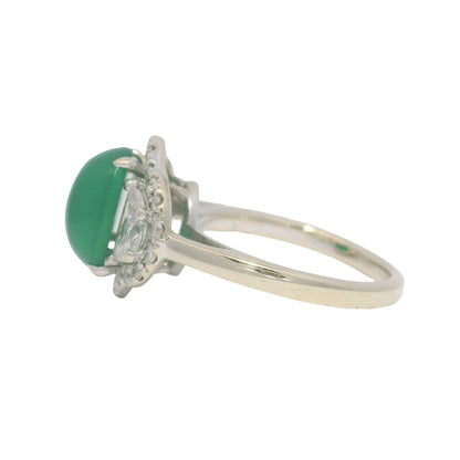 18K White Gold Natural Cabochon Emerald & Half Moon Diamond Side Stone Ring